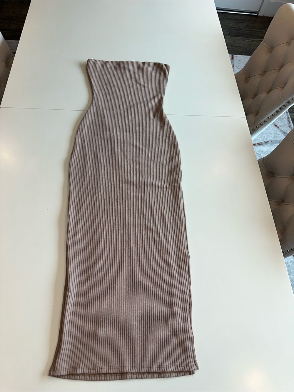 Windsor Strapless Ribbed Maxi Dress in Taupe